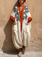 Women's Vintage Art Print V-neck Long Sleeve Cotton Linen Jumpsuit