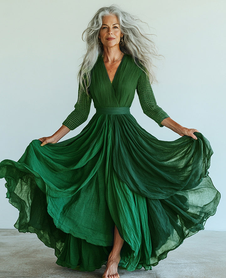 Vintage loose color contrast green color swing dress  e98eQu