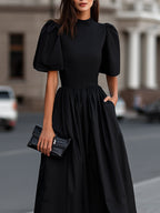 High Neck Puff Sleeve Gathered Waist Midi Dress