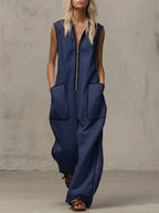 Women's V-neck Sleeveless Casual Loose Wide-leg Cotton And Linen Jumpsuit