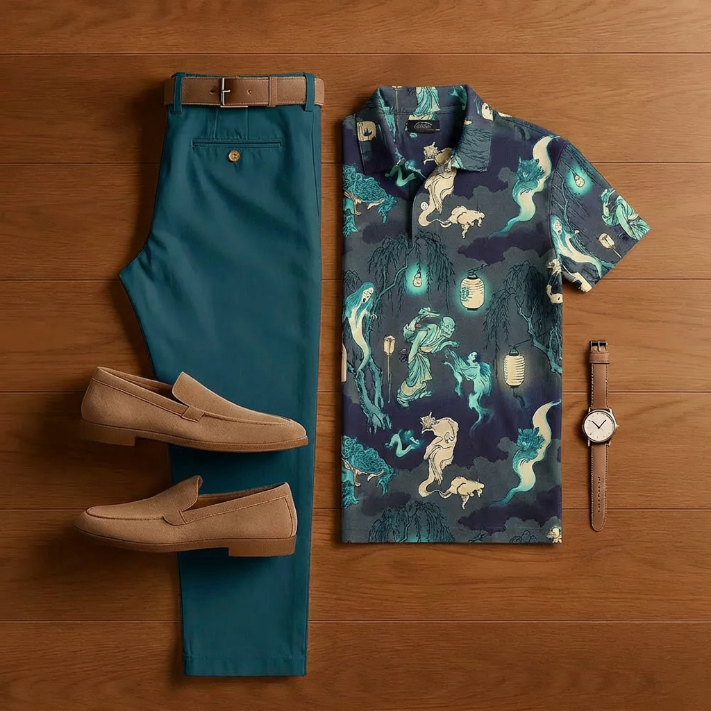 Men's Retro Royal Green Printed Short-Sleeve Shirt And Trousers Two-Piece Set