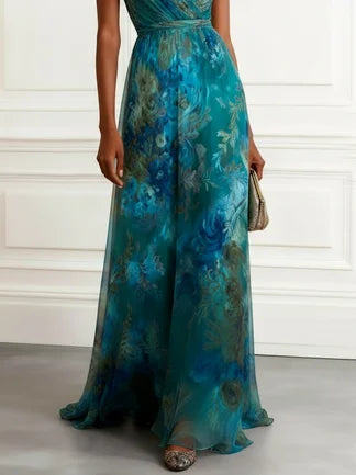 Green Floral Ruched Chiffon V Neck Sleeveless A-Line Maxi Dress