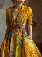 Oil Painting Inspired Wild Flowers Embroidered Linen Maxi Dress