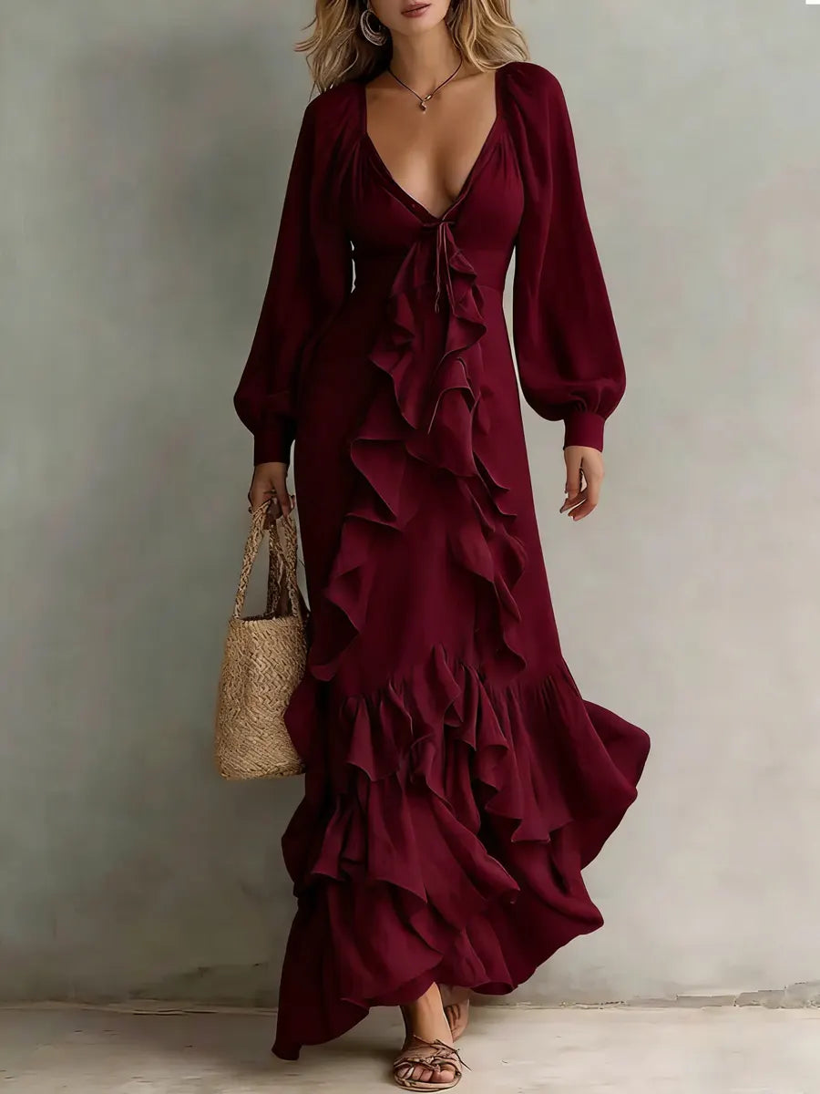 Women's Elegant Lace-trimmed V-neck Dress