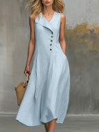 Women's Solid-color V-neck Sleeveless Casual Loose Cotton-linen Dress