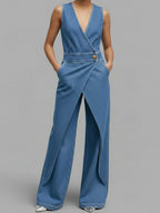 Women's V-neck Sleeveless Casual Loose Denim Wide-leg Jumpsuit