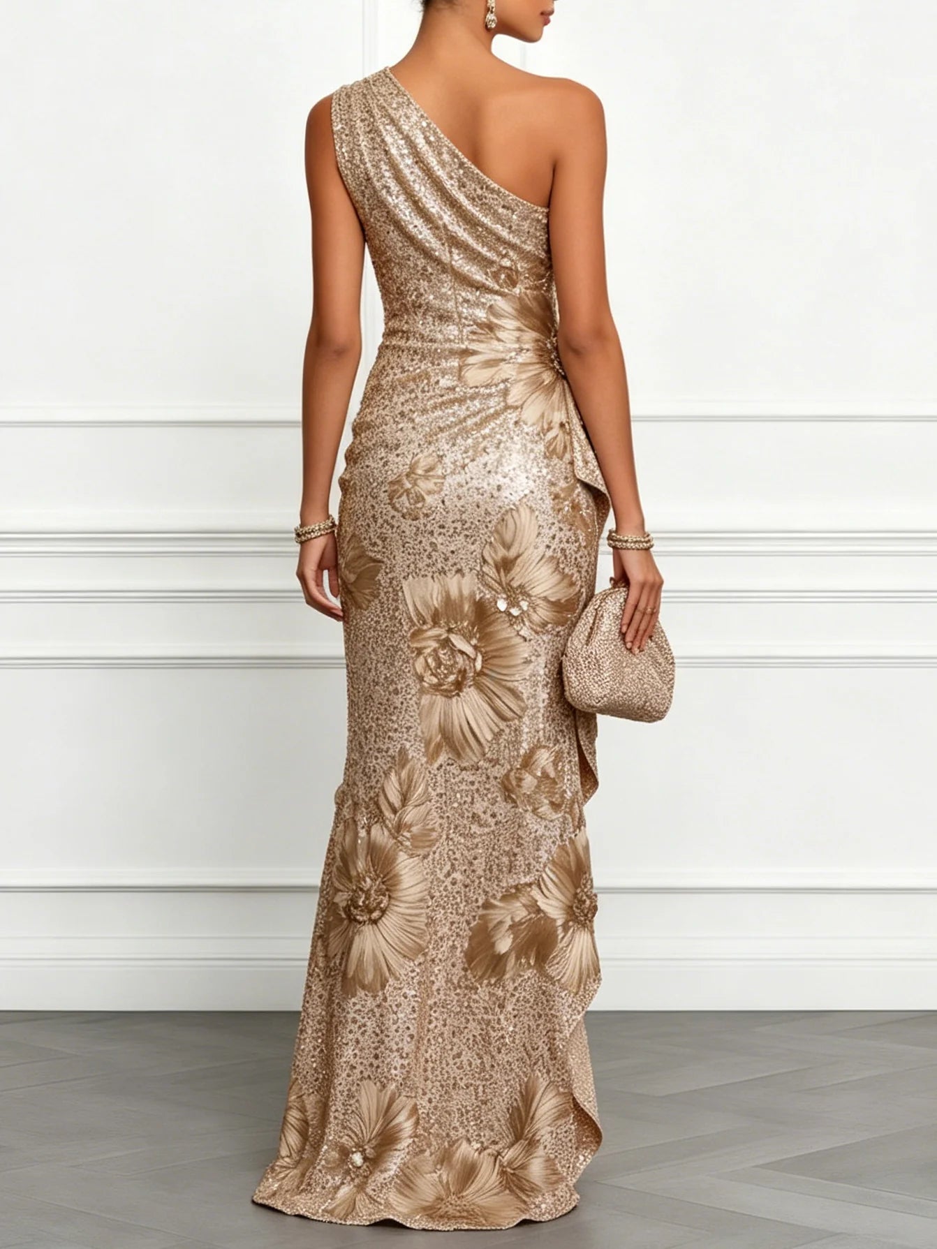 Champagne 3D Floral Sequin One Shoulder Sleeveless Mermaid Floor-length Gown Dress