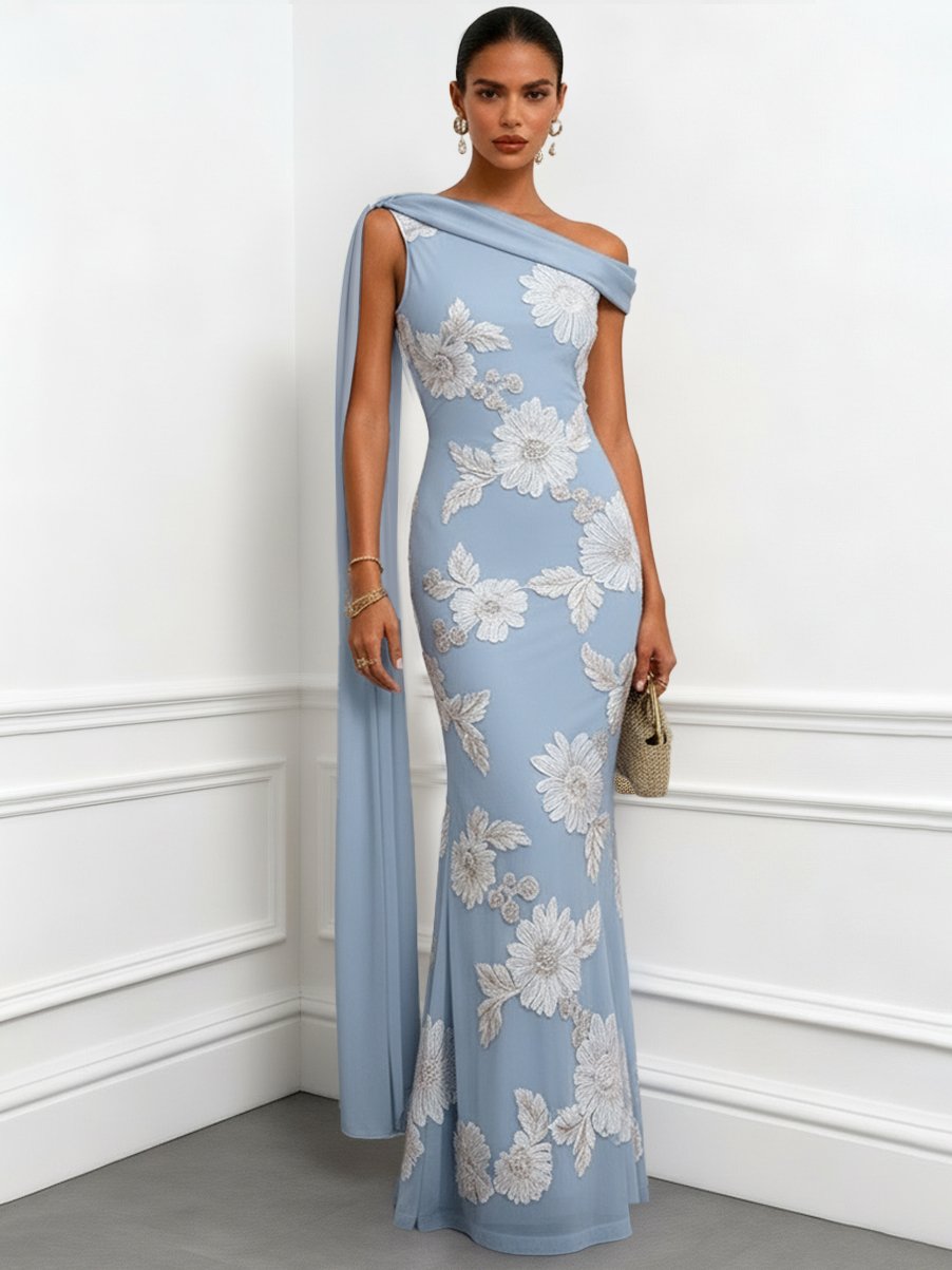 Light Blue 3D Floral Classic One Shoulder Sleeveless Mermaid Floor-length Gown Dress