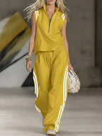Women's Casual Patchwork Striped Zip-up Top And Pants Two-piece Set