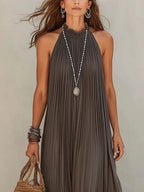 Gray Halter Neck Pleated Loose Chiffon Maxi Dress