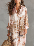 Pink Baroque Print Satin Shirt Maxi Dress