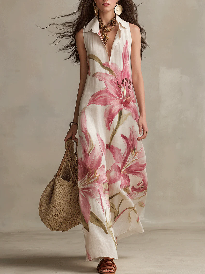 Vacation Floral Print Sleeveless Shirt Maxi Dress