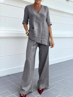 Women's Irregular Loose Solid Color Short-sleeve Wide-leg Pants Two-piece Set