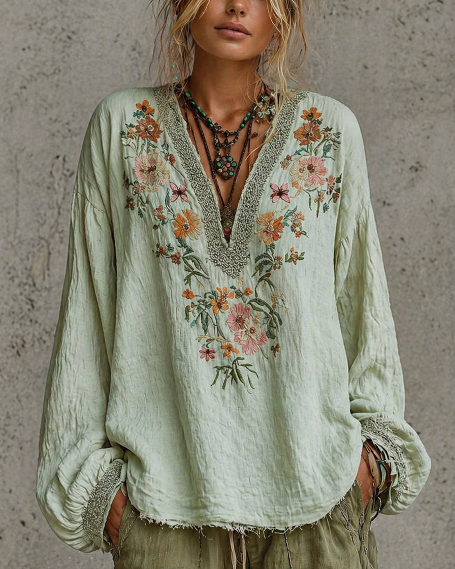 French Vintage-style Heavily Embroidered V-neck Loose-fit Distressed Cotton-linen Shirt With Lantern Sleeves