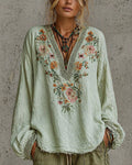 French Vintage-style Heavily Embroidered V-neck Loose-fit Distressed Cotton-linen Shirt With Lantern Sleeves