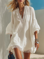 Bohemian White V-neck Lace Tassel Loose Mini Dress