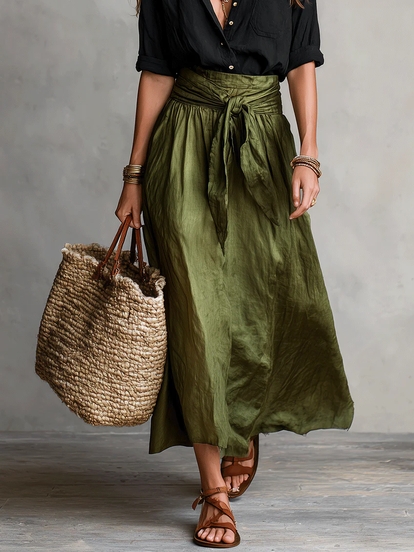 Minimalist Elegant Button-up Shirt And Tie-waist Skirt Two-piece Set