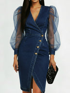 Elegant Sexy Mesh Sheer Panel Sleeves Denim Dress