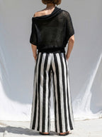 Casual And Cozy Two-piece Set: Knitted Top And Striped Linen-cotton Trousers