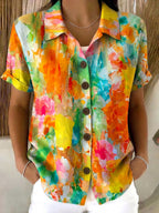 Artistic Watercolor Floral Print Cotton-linen Blouse