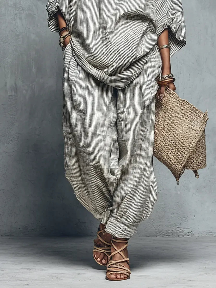 Women's Retro Striped Art Print Casual Top Shirt Pants Cotton And Linen Suits