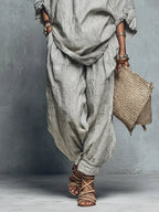 Women's Retro Striped Art Print Casual Top Shirt Pants Cotton And Linen Suits