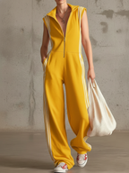 Cozy Casual Sports Striped Zip-up Jumpsuit