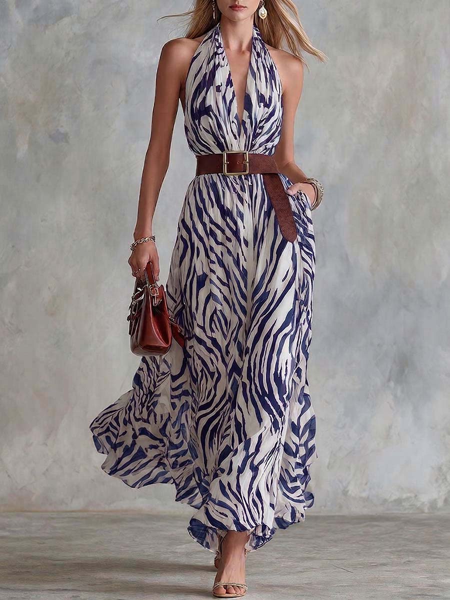 Women's Abstract Print V-neck Sleeveless Loose-fit Casual Chiffon Dress