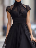 Sheer Panel High-Neck Pleated A-Line Midi Dress