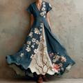 Women's Retro Japanese Sakura Artistic Linen Short Sleeve Dress