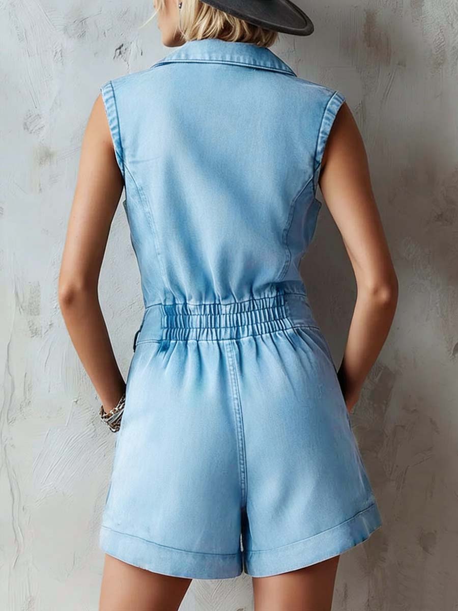 Women's Sleeveless Casual Loose Denim Jumpsuit With Lapel Collar