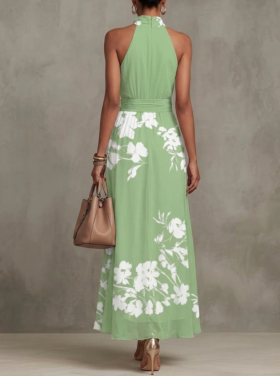 Green Floral Print Halter Neck Chiffon A-line Maxi Dress