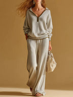 Women's Cardigan Collar Long-sleeved Casual Loose Top And High-waisted Casual Loose Wide-leg Pants Knitted Set