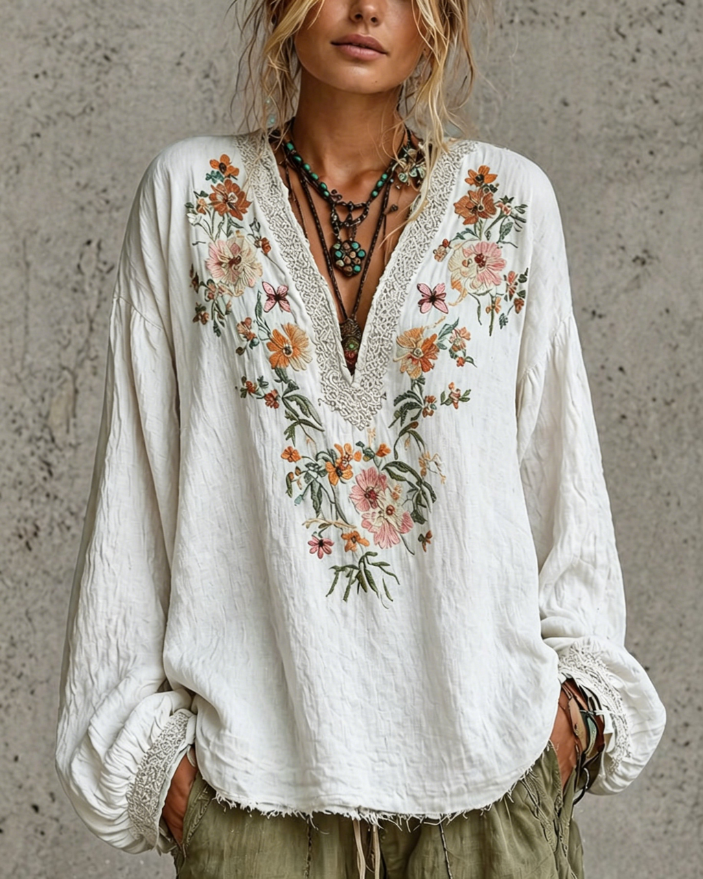 French Vintage-style Heavily Embroidered V-neck Loose-fit Distressed Cotton-linen Shirt With Lantern Sleeves
