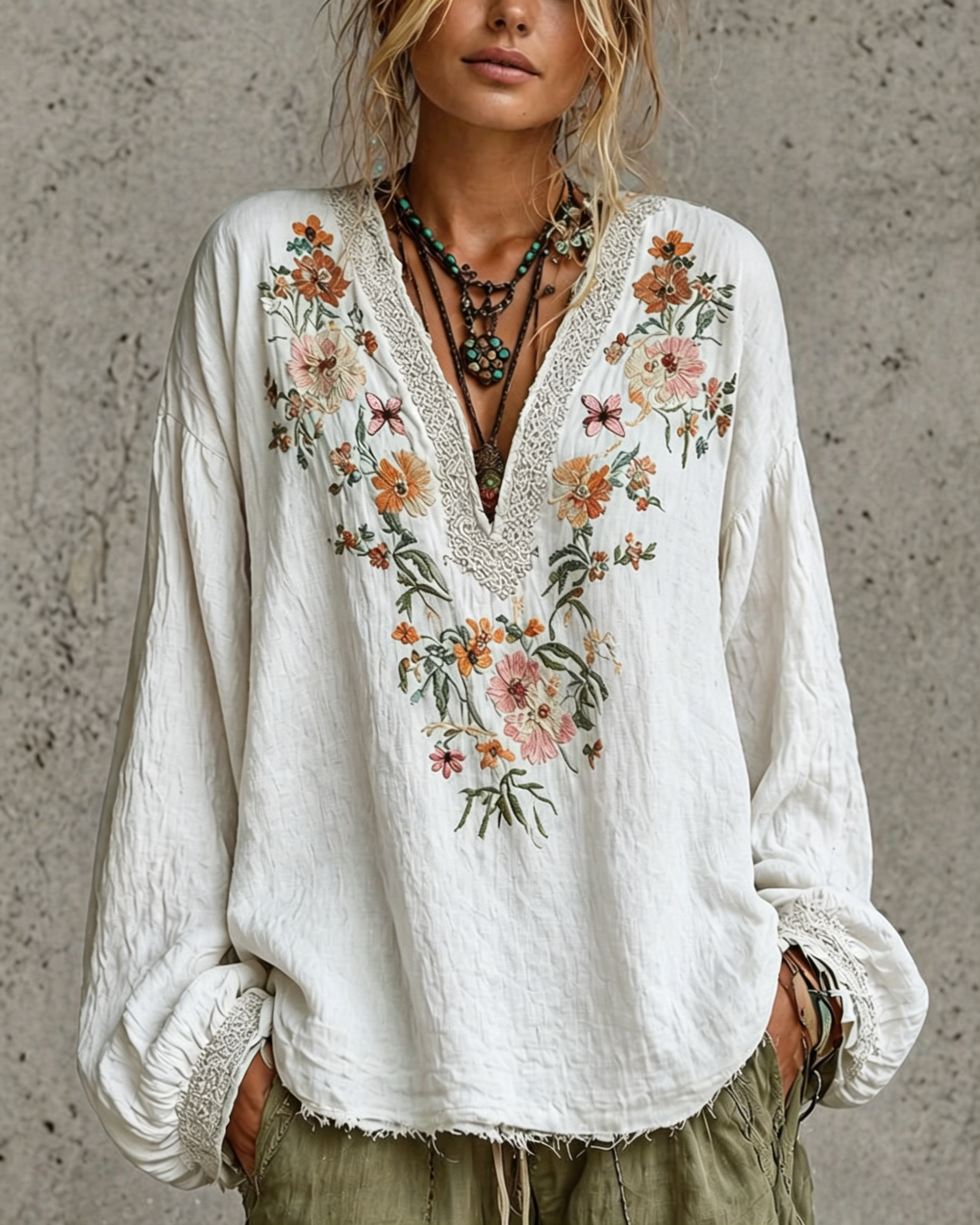 French Vintage-style Heavily Embroidered V-neck Loose-fit Distressed Cotton-linen Shirt With Lantern Sleeves