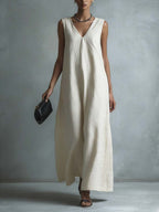 Women's Casual V-neck Sleeveless Cotton Linen Dress