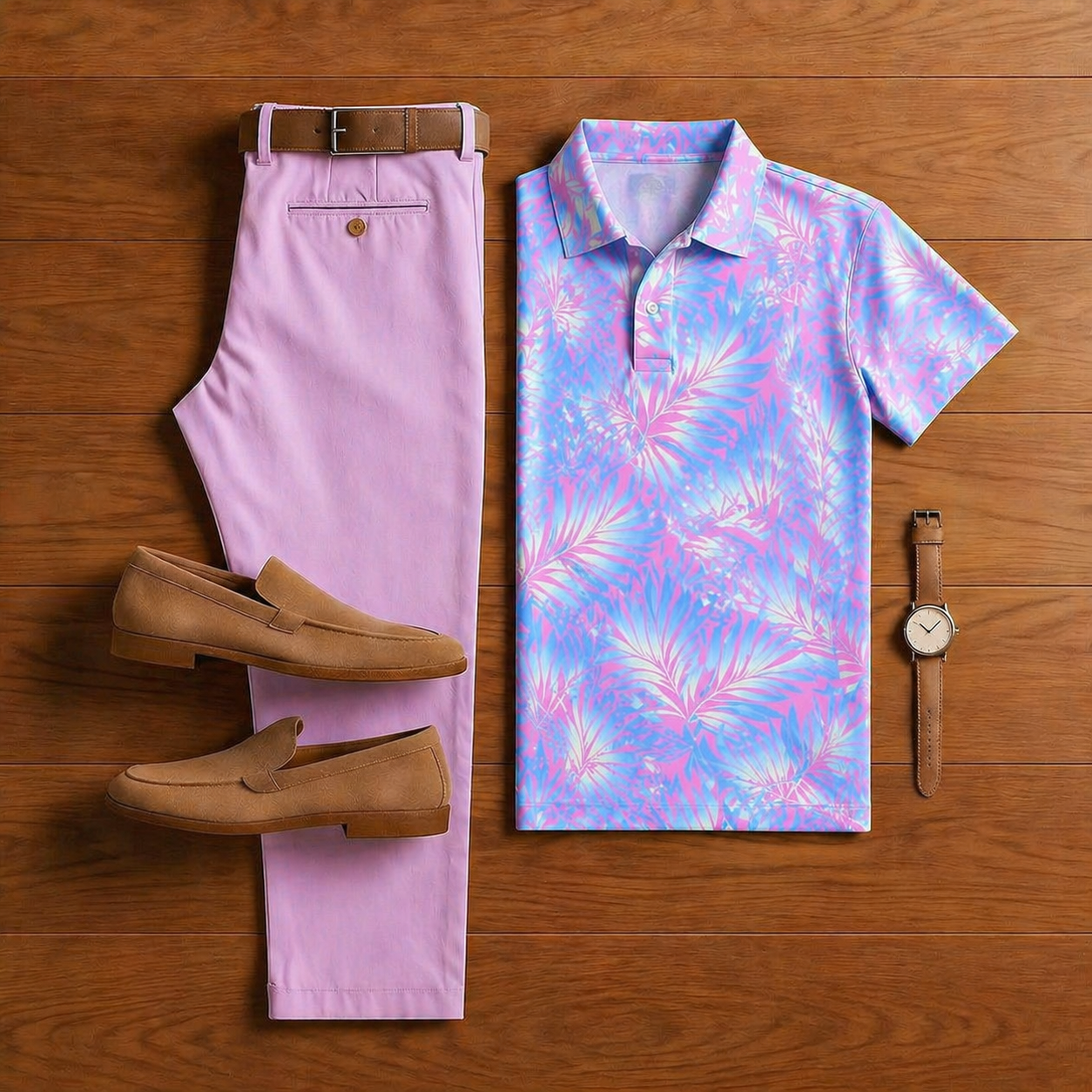 Men's casual Maldives print polo shirt and trousers two-piece set