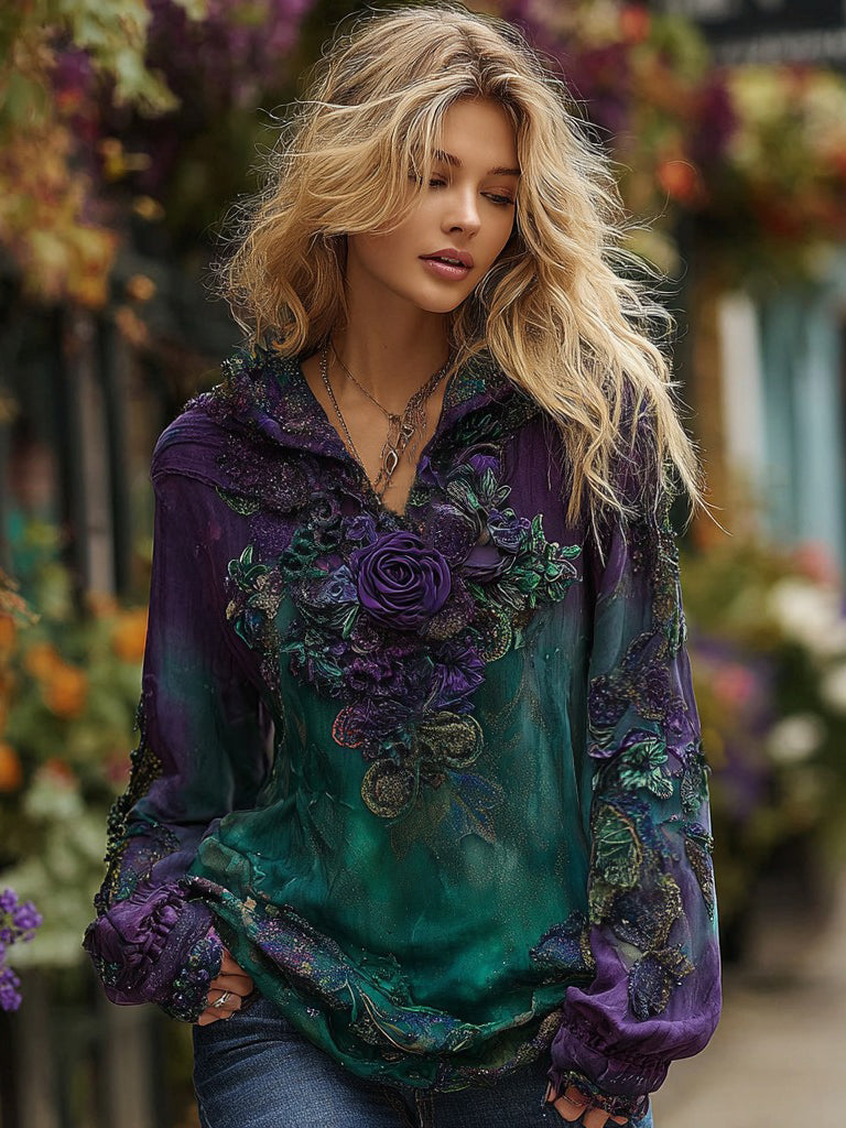 Women's Vintage Rose Floral Embroidery Gradient Comfy Hooded T-shirt