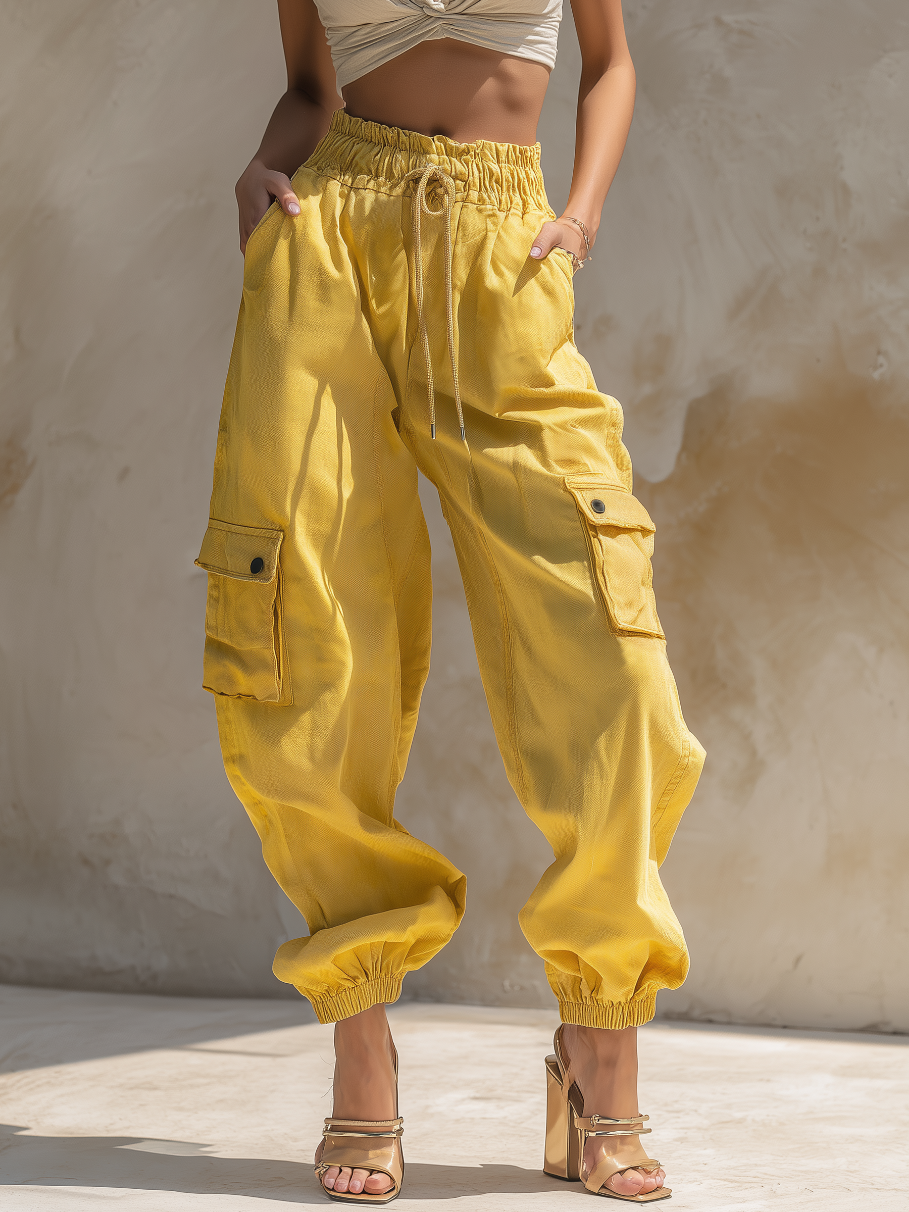 Women's Yellow High-Waisted Cargo Jogger Pants
