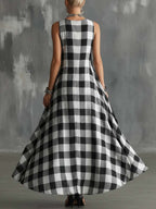 Women's V-neck Sleeveless Plaid Print Casual Loose Cotton Linen Dress