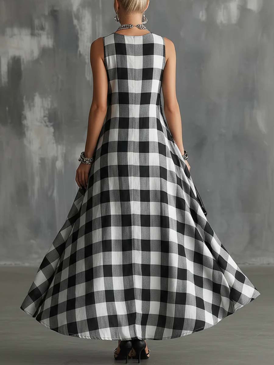 Women's V-neck Sleeveless Plaid Print Casual Loose Cotton Linen Dress