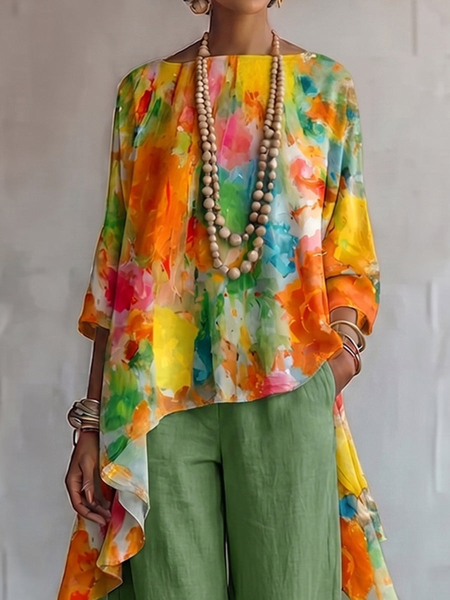 Retro Floral Print Cotton-linen Two-piece Set