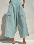 Light Blue Linen-Blend Wide-Leg Overalls | Square Neck Sleeveless Jumpsuit