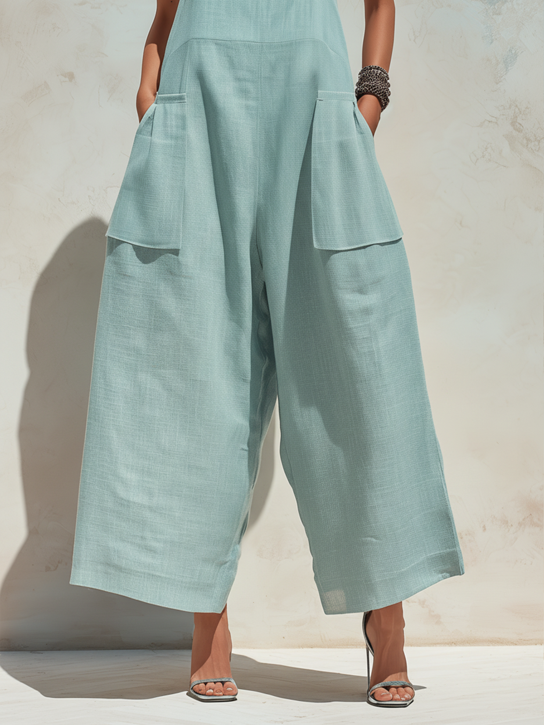 Light Blue Linen-Blend Wide-Leg Overalls | Square Neck Sleeveless Jumpsuit
