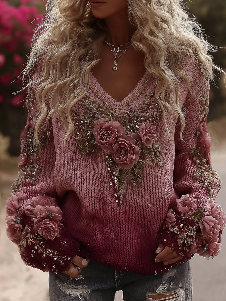 Women's Vintage Pink Rose Embroidery Art Cozy Knit V Neck Sweater