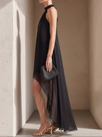Elegant Minimalist-Style Chiffon Halter Dress with High-Low Hem