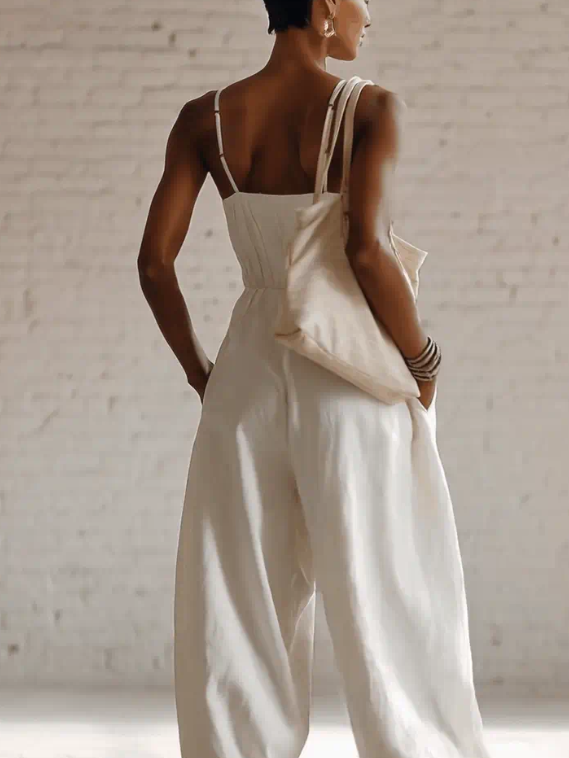Elegant Vacation-style Spaghetti Straps Linen Jumpsuit