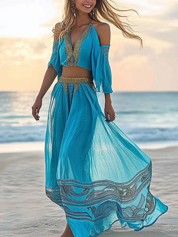 Summer vacation fashion elegant contrast color top+skirt set b6da