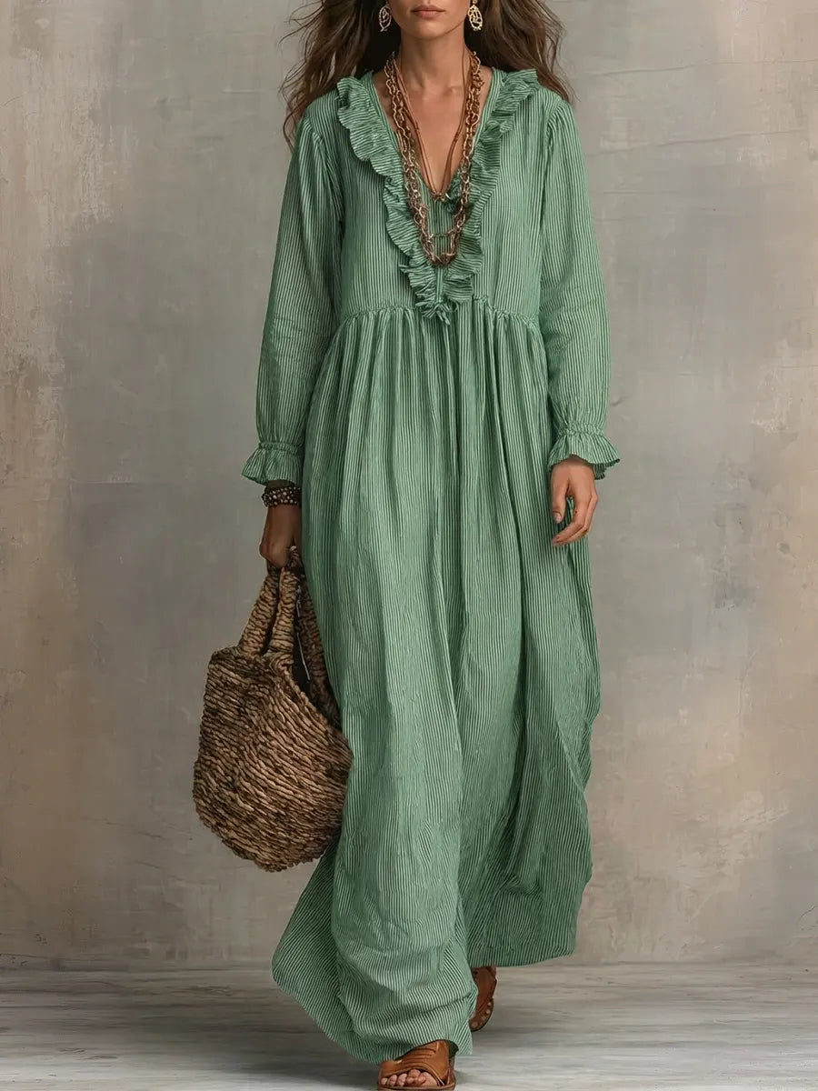 Women's Striped Art Print Casual Stylish Ruffled Vacation Maxi Dress