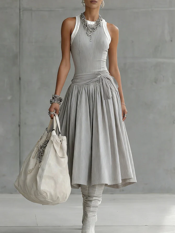 Stylish Casual Color-blocked Ribbed Stretch Midi Dress